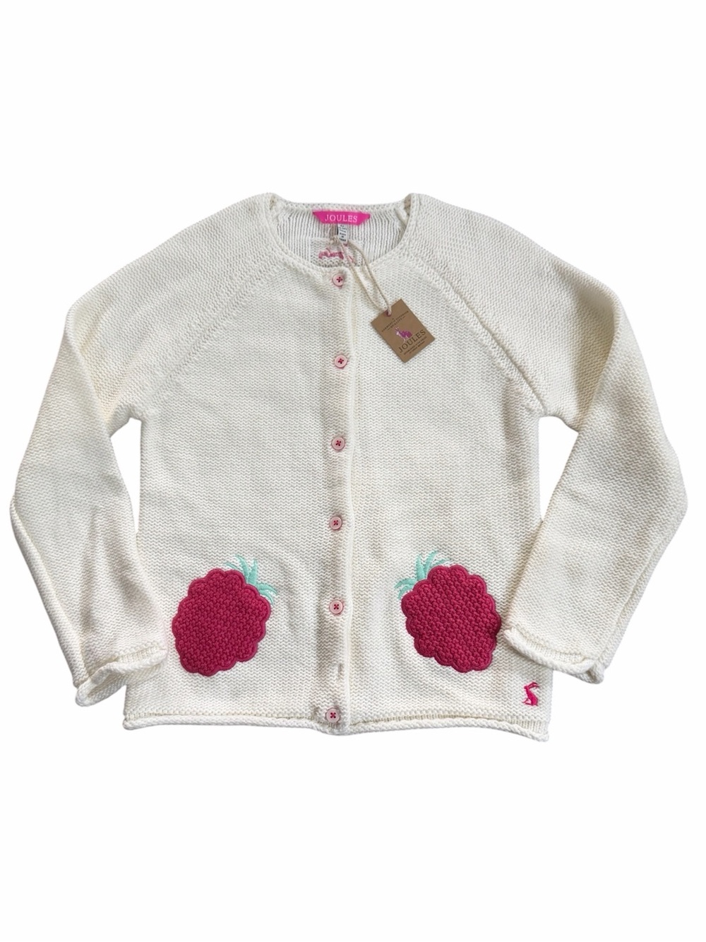 Joules Girl's Knit Cardigan Sweater with Raspberry Appliqués Size 6Y NEW